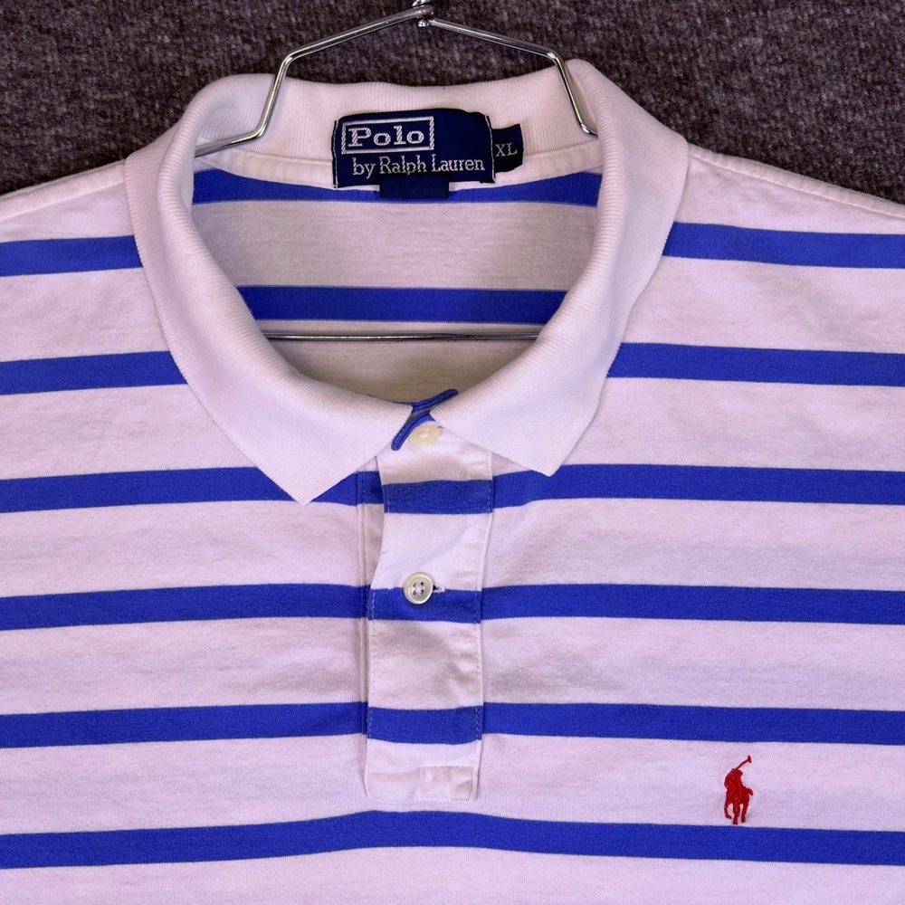 VTG Polo Ralph Lauren Shirt Men XL Striped Short Sleeve Red Pony Logo White Blue - Picture 7 of 16